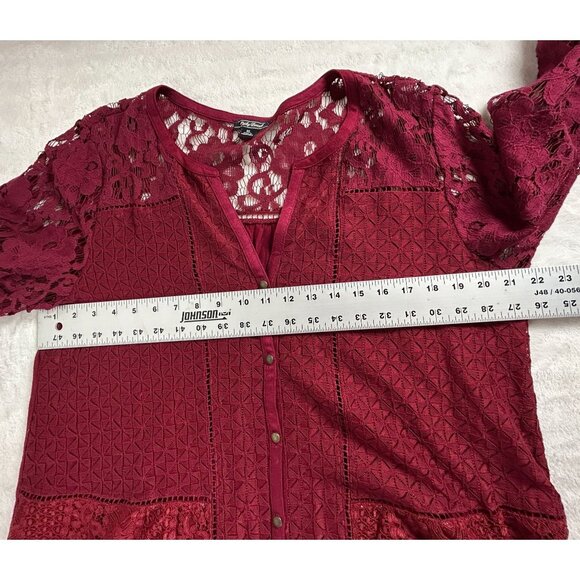 Lucky Brand Womens Burgundy Lace Button Down Tunic Top Shirt XL 3/4 Sleeve Boho - Picture 8 of 9